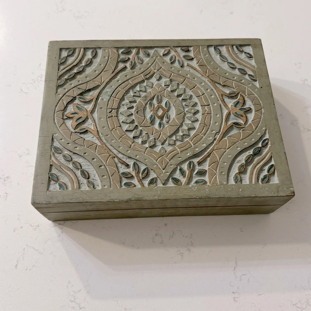 Green Geo Carved Wood Ashanti Storage Box